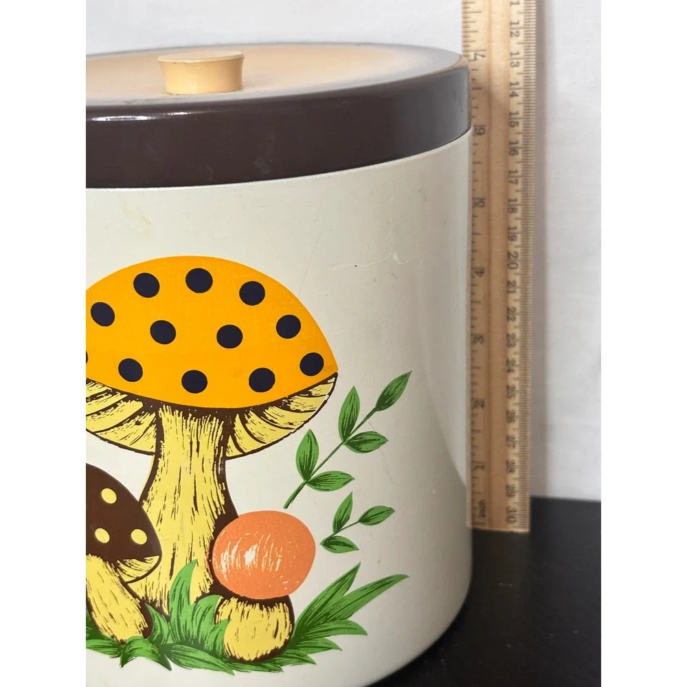 Vintage Mushroom Metal Canister Retro 70s Kitchen Storage Tin Made in Japan 6in